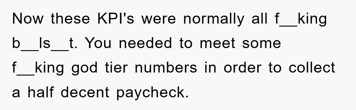 Now these KPI's were normally all f__king b__ls__t. You needed to meet some f__king god tier numbers in order to collect a half decent paycheck.