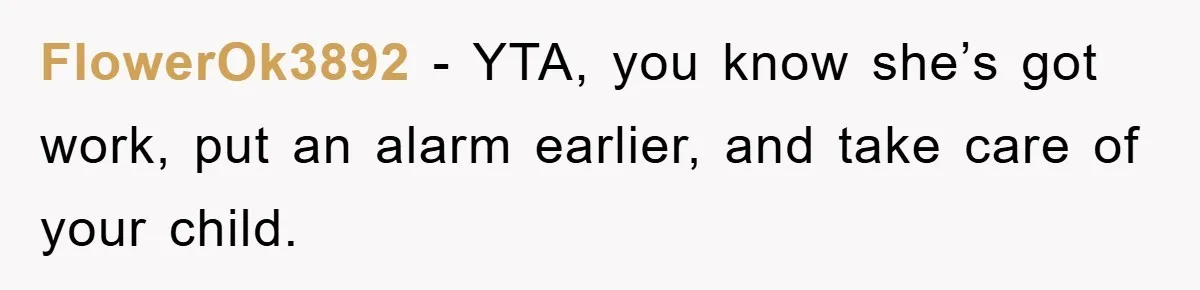 FlowerOk3892 − YTA, you know she’s got work, put an alarm earlier, and take care of your child.