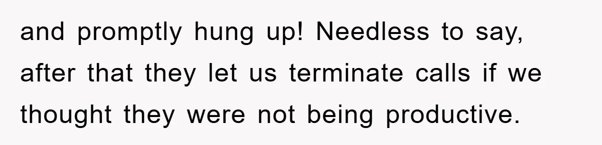 and promptly hung up! Needless to say, after that they let us terminate calls if we thought they were not being productive.