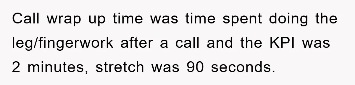 Call wrap up time was time spent doing the leg/fingerwork after a call and the KPI was 2 minutes, stretch was 90 seconds.