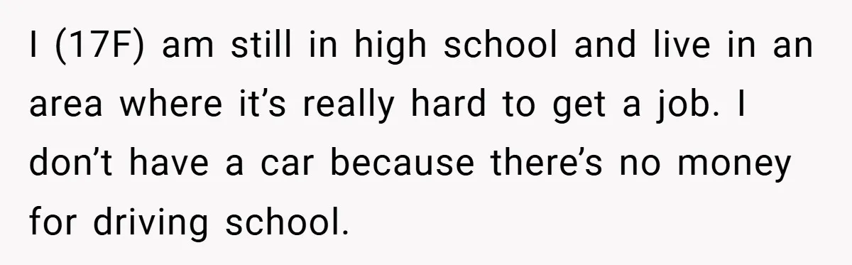 I (17F) am still in high school and live in an area where it’s really hard to get a job. I don’t have a car because there’s no money for...