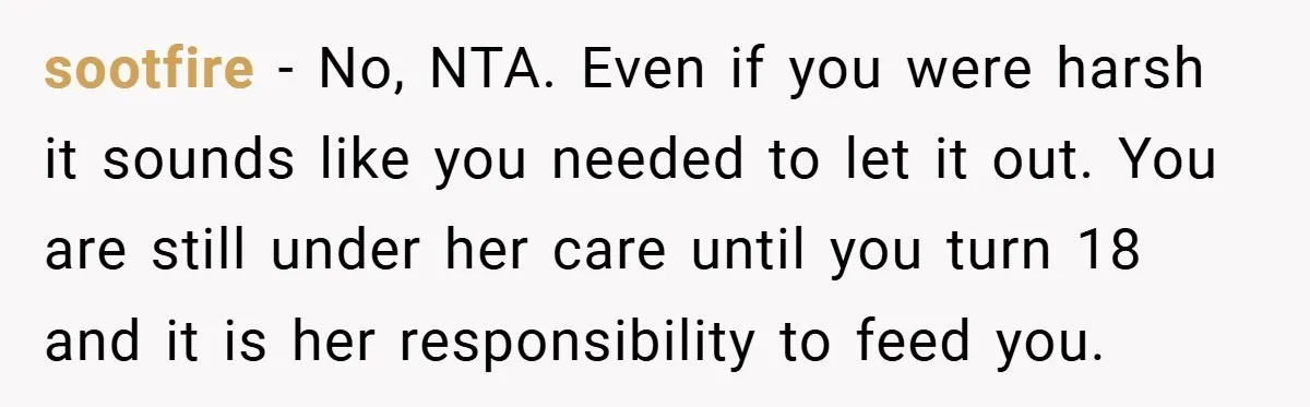 sootfire − No, NTA. Even if you were harsh it sounds like you needed to let it out. You are still under her care until you turn 18 and it...
