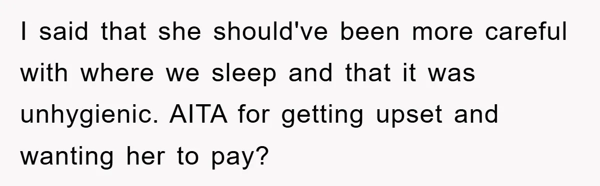 I said that she should've been more careful with where we sleep and that it was unhygienic. AITA for getting upset and wanting her to pay?