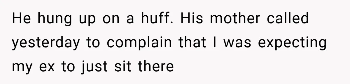 He hung up on a huff. His mother called yesterday to complain that I was expecting my ex to just sit there