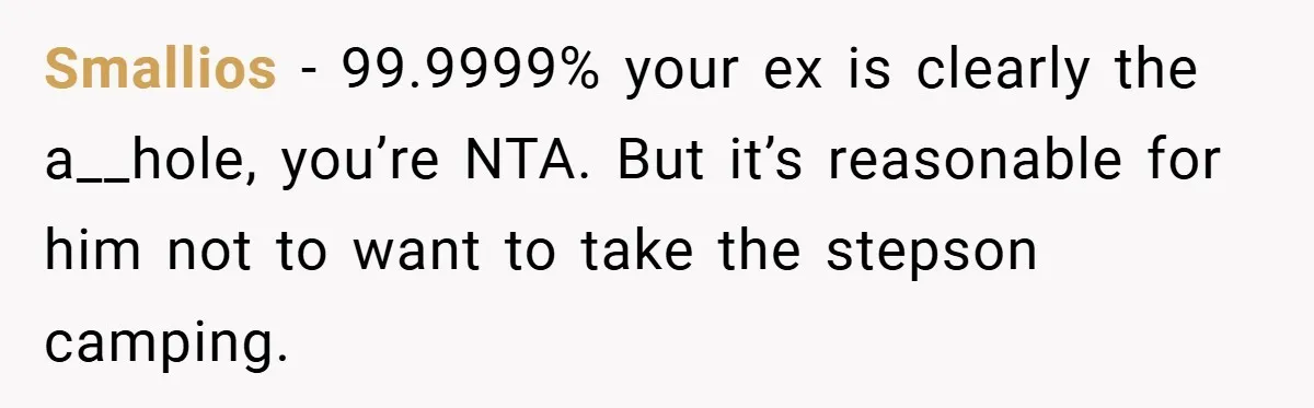 Smallios − 99.9999% your ex is clearly the a__hole, you’re NTA. But it’s reasonable for him not to want to take the stepson camping.