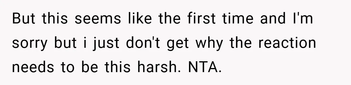 But this seems like the first time and I'm sorry but i just don't get why the reaction needs to be this harsh. NTA.