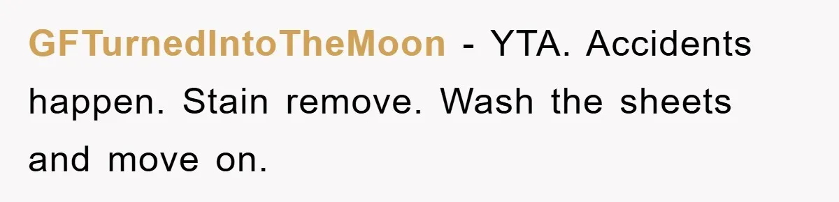 GFTurnedIntoTheMoon − YTA. Accidents happen. Stain remove. Wash the sheets and move on.