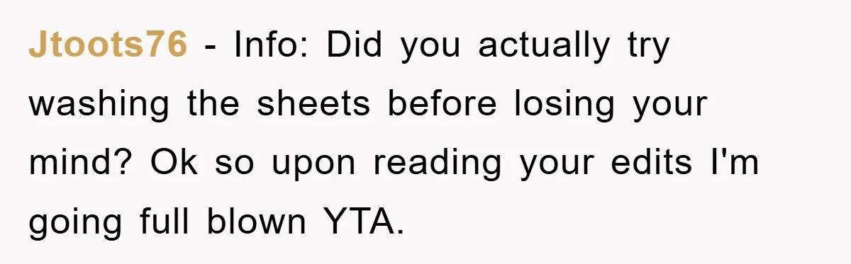 Jtoots76 − Info: Did you actually try washing the sheets before losing your mind? Ok so upon reading your edits I'm going full blown YTA.