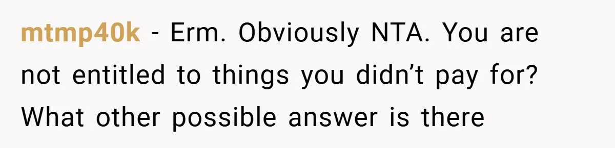 mtmp40k − Erm. Obviously NTA. You are not entitled to things you didn’t pay for? What other possible answer is there