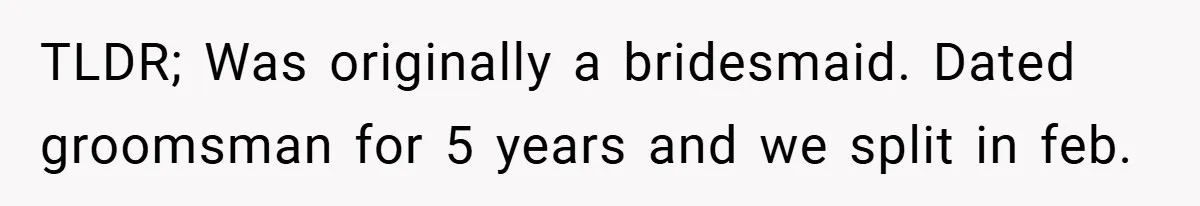 TLDR; Was originally a bridesmaid. Dated groomsman for 5 years and we split in feb.
