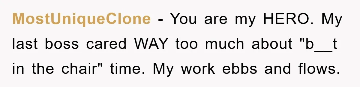 MostUniqueClone − You are my HERO. My last boss cared WAY too much about "b__t in the chair" time. My work ebbs and flows.