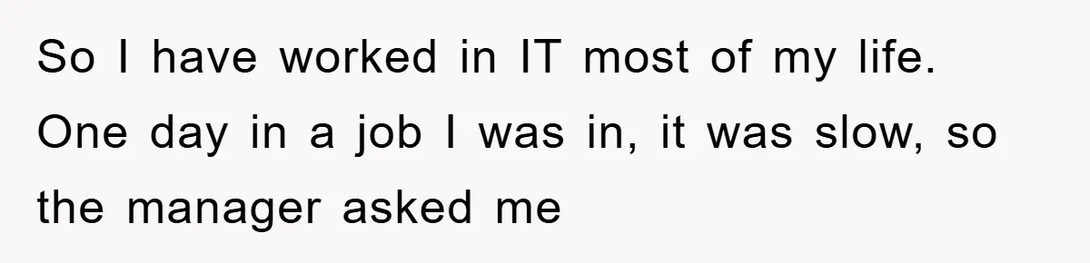 So I have worked in IT most of my life. One day in a job I was in, it was slow, so the manager asked me