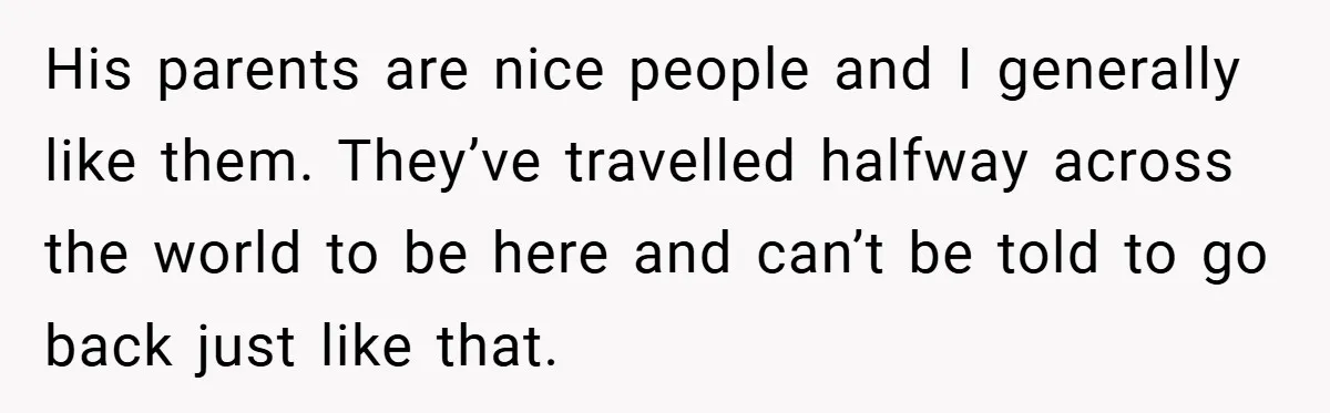 His parents are nice people and I generally like them. They’ve travelled halfway across the world to be here and can’t be told to go back just like that.