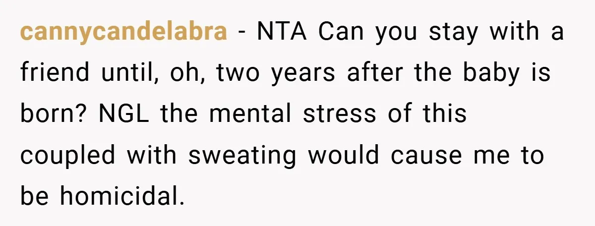 cannycandelabra − NTA Can you stay with a friend until, oh, two years after the baby is born? NGL the mental stress of this coupled with sweating would cause me...