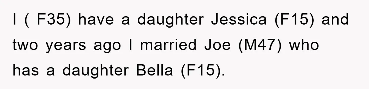 I ( F35) have a daughter Jessica (F15) and two years ago I married Joe (M47) who has a daughter Bella (F15).