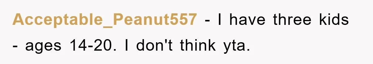 Acceptable_Peanut557 − I have three kids - ages 14-20. I don't think yta.