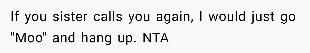 If you sister calls you again, I would just go "Moo" and hang up. NTA