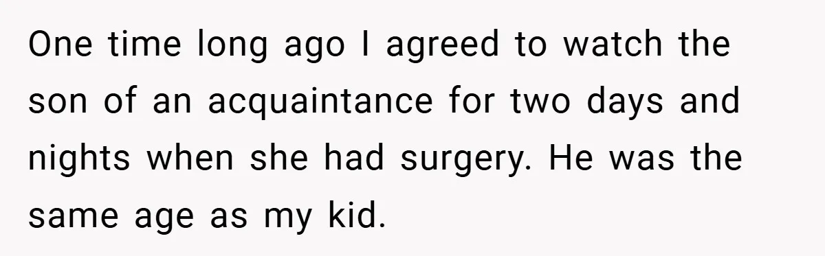 One time long ago I agreed to watch the son of an acquaintance for two days and nights when she had surgery. He was the same age as my kid.