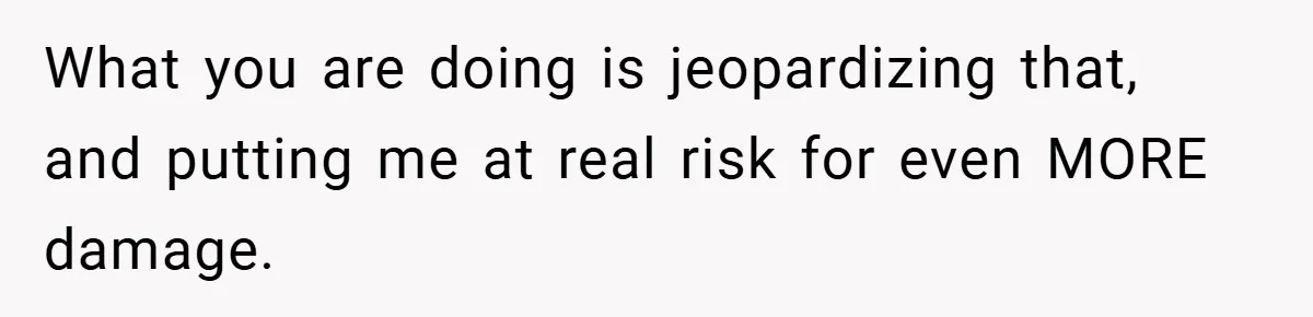 What you are doing is jeopardizing that, and putting me at real risk for even MORE damage.