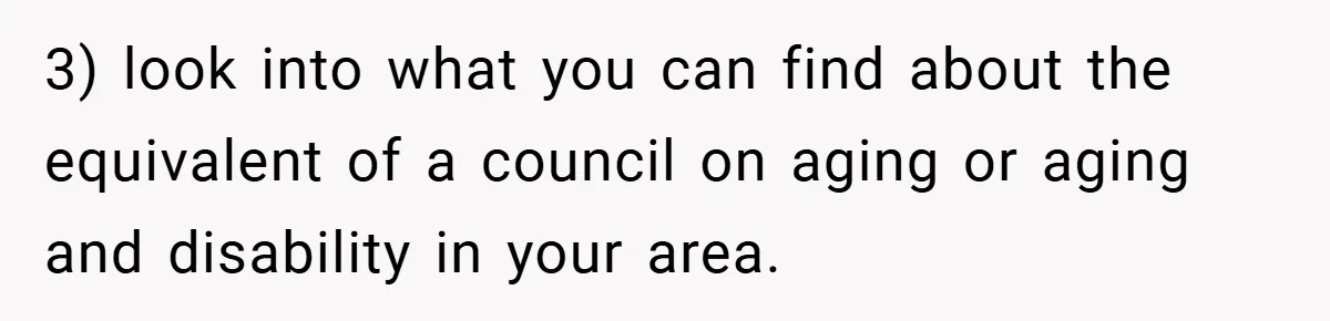 3) look into what you can find about the equivalent of a council on aging or aging and disability in your area.