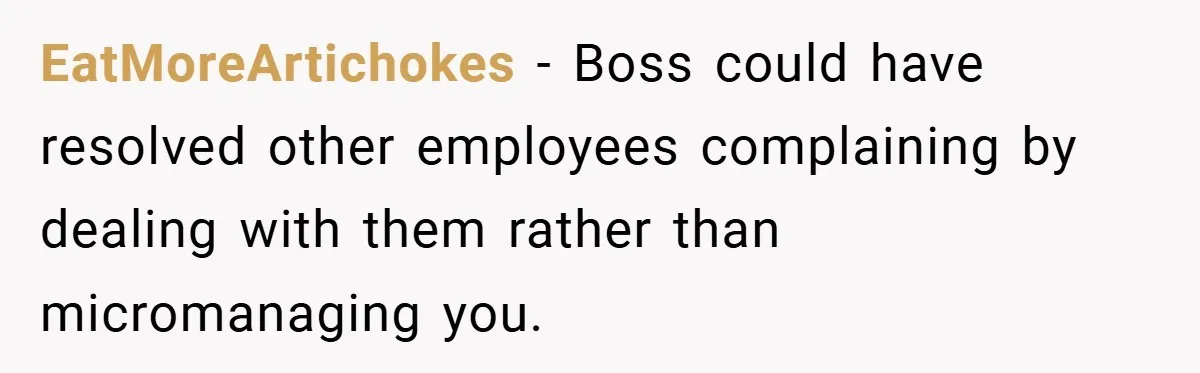 EatMoreArtichokes − Boss could have resolved other employees complaining by dealing with them rather than micromanaging you.