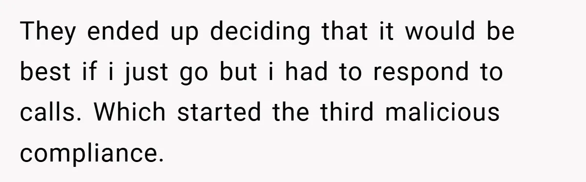 They ended up deciding that it would be best if i just go but i had to respond to calls. Which started the third malicious compliance.