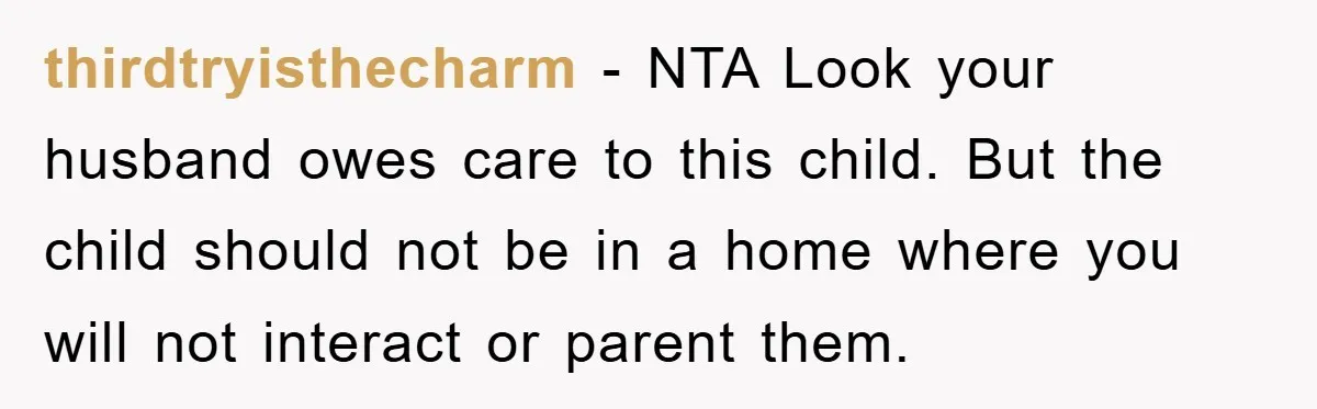 thirdtryisthecharm − NTA Look your husband owes care to this child. But the child should not be in a home where you will not interact or parent them.