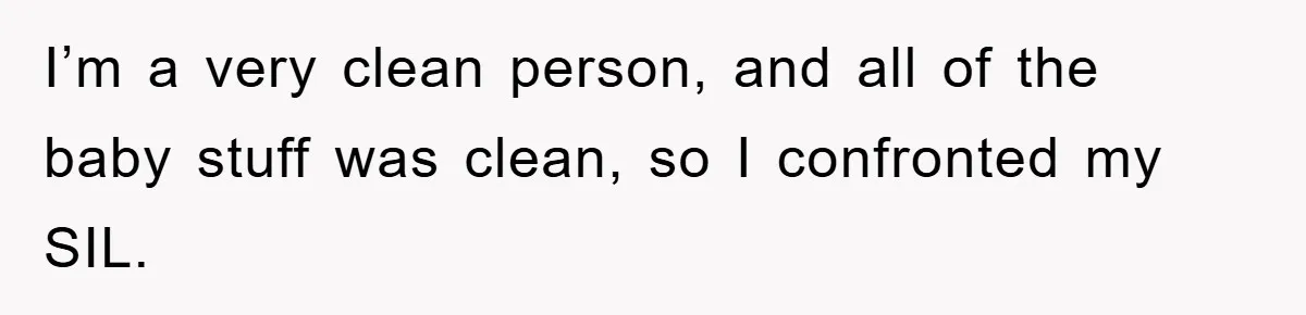 I’m a very clean person, and all of the baby stuff was clean, so I confronted my SIL.