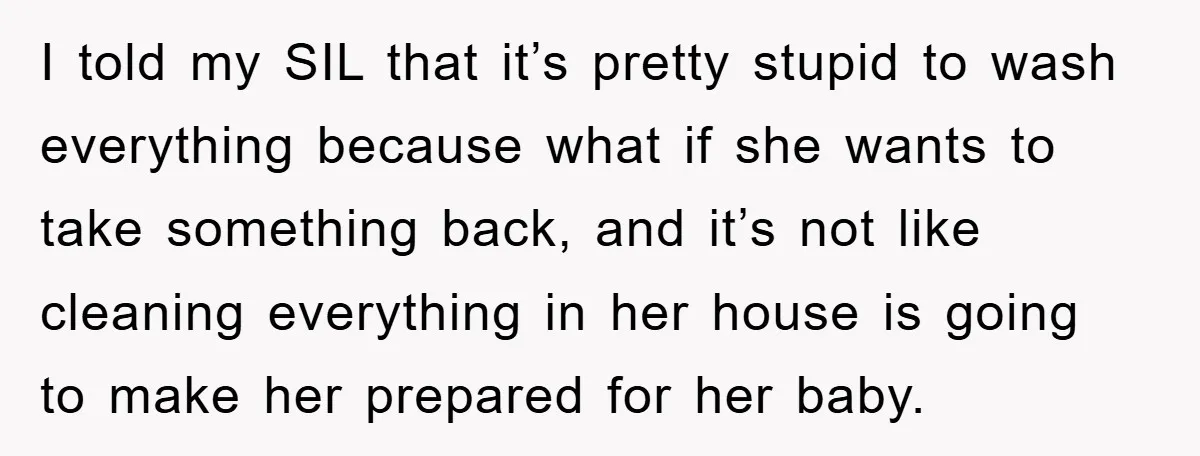 I told my SIL that it’s pretty stupid to wash everything because what if she wants to take something back, and it’s not like cleaning everything in her house is...