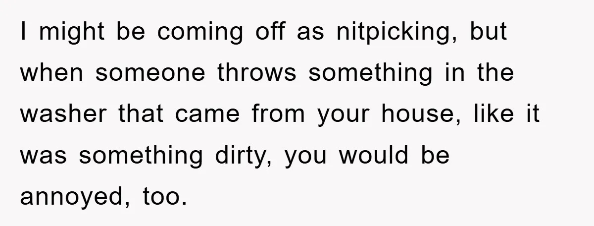 I might be coming off as nitpicking, but when someone throws something in the washer that came from your house, like it was something dirty, you would be annoyed, too.