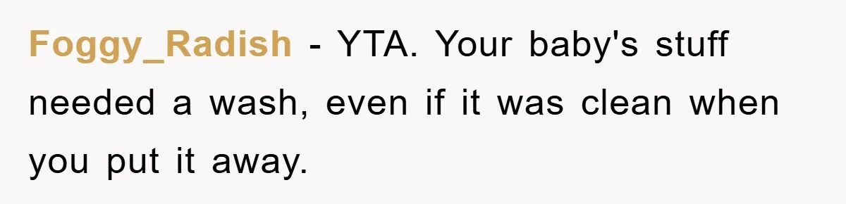 Foggy_Radish − YTA. Your baby's stuff needed a wash, even if it was clean when you put it away.