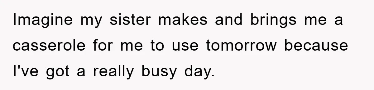 Imagine my sister makes and brings me a casserole for me to use tomorrow because I've got a really busy day.