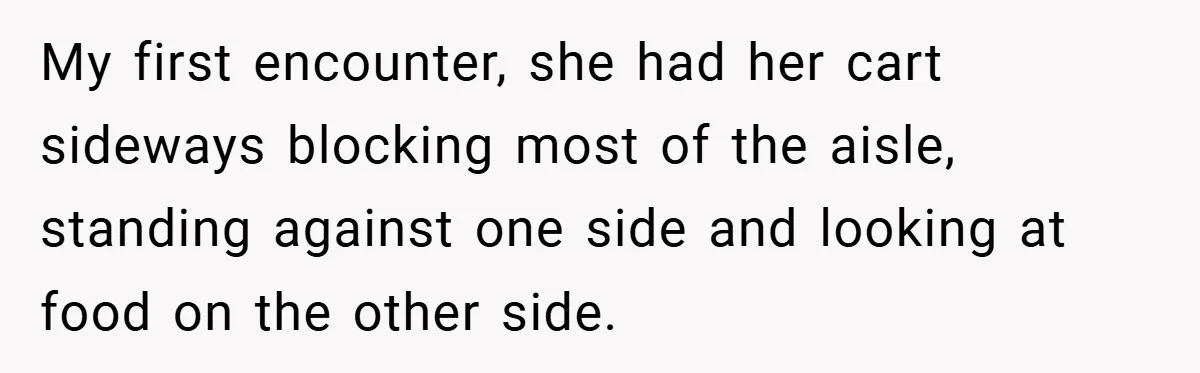My first encounter, she had her cart sideways blocking most of the aisle, standing against one side and looking at food on the other side.