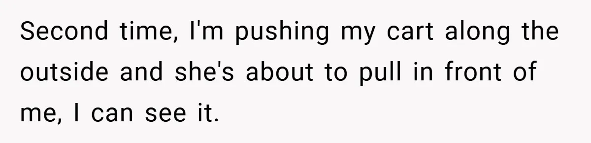 Second time, I'm pushing my cart along the outside and she's about to pull in front of me, I can see it.