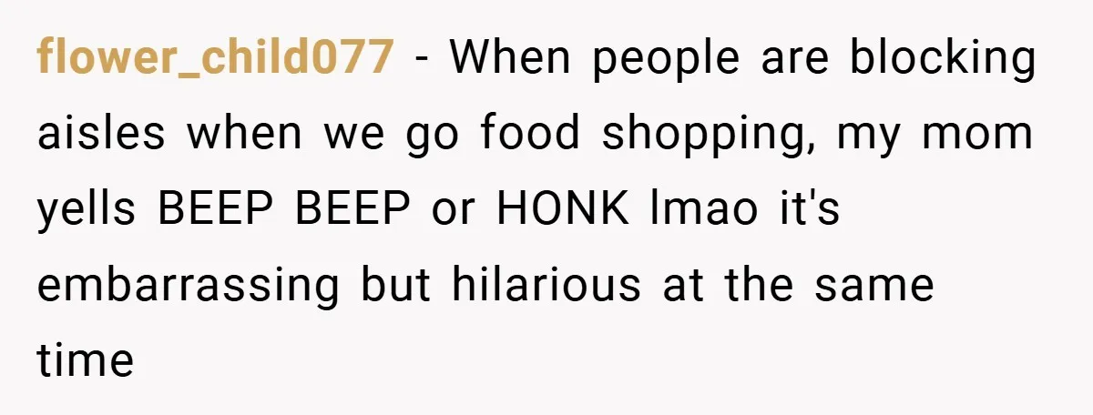flower_child077 − When people are blocking aisles when we go food shopping, my mom yells BEEP BEEP or HONK lmao it's embarrassing but hilarious at the same time