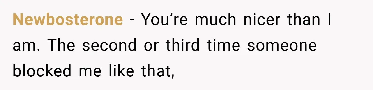Newbosterone − You’re much nicer than I am. The second or third time someone blocked me like that,