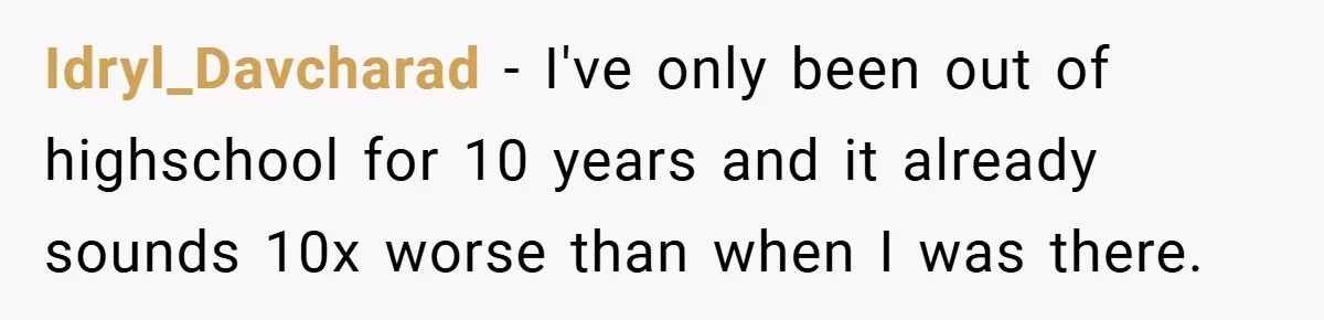 Idryl_Davcharad − I've only been out of highschool for 10 years and it already sounds 10x worse than when I was there.