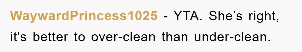 WaywardPrincess1025 − YTA. She’s right, it's better to over-clean than under-clean.