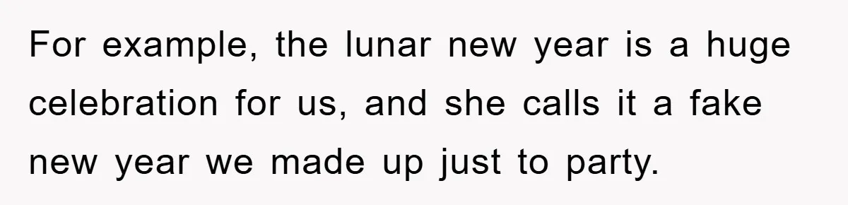 For example, the lunar new year is a huge celebration for us, and she calls it a fake new year we made up just to party.