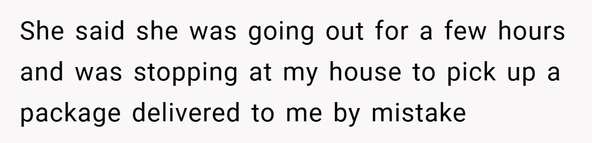 She said she was going out for a few hours and was stopping at my house to pick up a package delivered to me by mistake