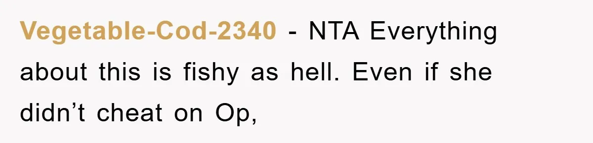 Vegetable-Cod-2340 − NTA Everything about this is fishy as hell. Even if she didn’t cheat on Op,
