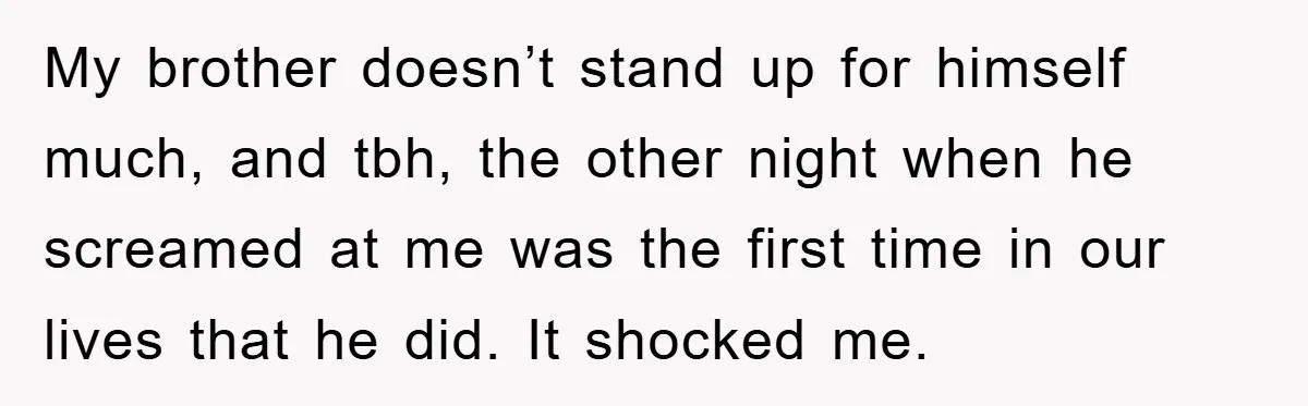 My brother doesn’t stand up for himself much, and tbh, the other night when he screamed at me was the first time in our lives that he did. It shocked...