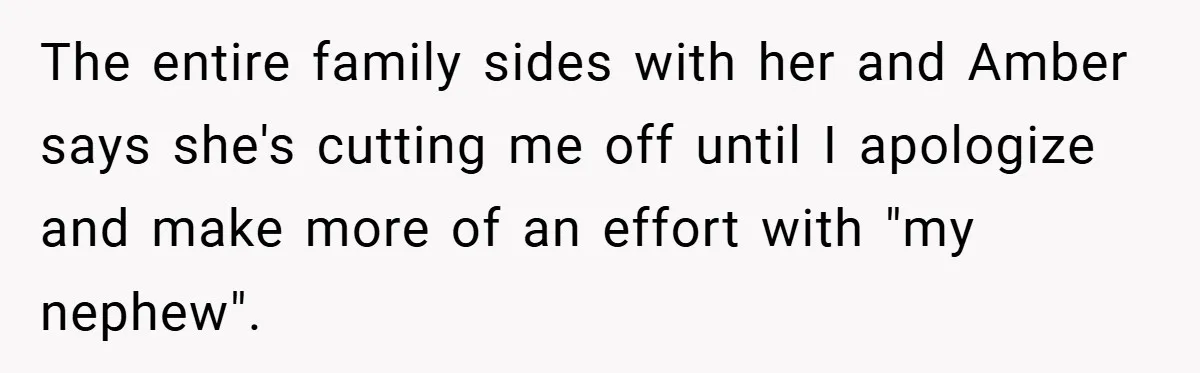 The entire family sides with her and Amber says she's cutting me off until I apologize and make more of an effort with "my nephew".