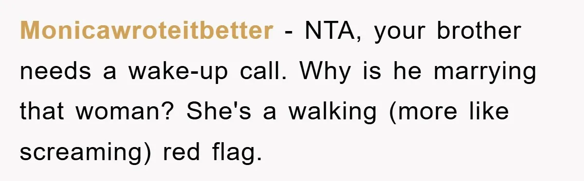 Monicawroteitbetter − NTA, your brother needs a wake-up call. Why is he marrying that woman? She's a walking (more like screaming) red flag.