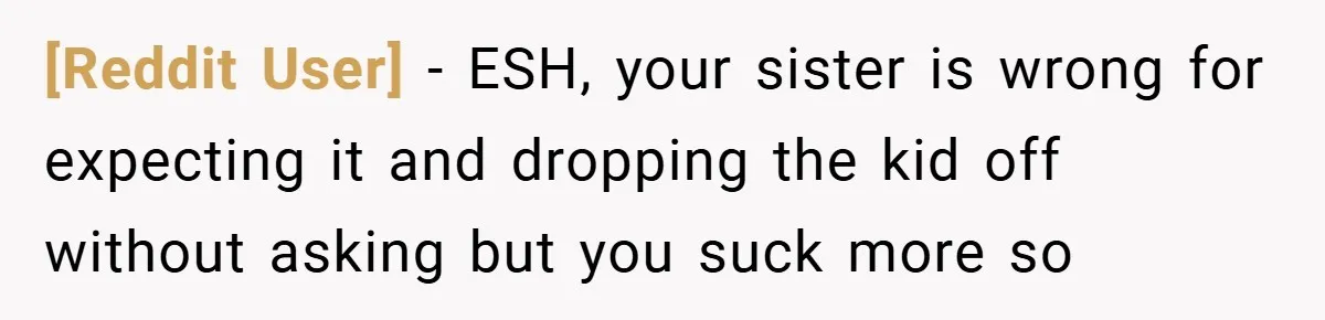 [Reddit User] − ESH, your sister is wrong for expecting it and dropping the kid off without asking but you suck more so