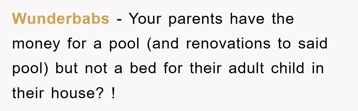 Wunderbabs − Your parents have the money for a pool (and renovations to said pool) but not a bed for their adult child in their house? !