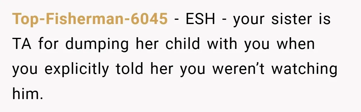 Top-Fisherman-6045 − ESH - your sister is TA for dumping her child with you when you explicitly told her you weren’t watching him.