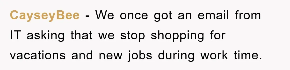 CayseyBee − We once got an email from IT asking that we stop shopping for vacations and new jobs during work time.