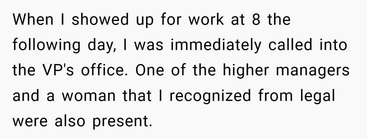 When I showed up for work at 8 the following day, I was immediately called into the VP's office. One of the higher managers and a woman that I recognized...