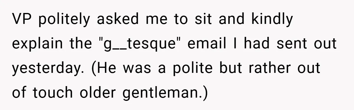 VP politely asked me to sit and kindly explain the "g__tesque" email I had sent out yesterday. (He was a polite but rather out of touch older gentleman.)